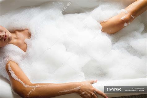 Woman Taking Bath With Foam In Bathtub Wellness Hygiene Stock