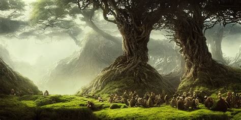 Hobbits At Fangorn Forest In The Evening Detailed Stable Diffusion