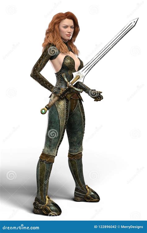 Beautiful Redhead Woman Warrior Holding A Sword Isolated Stock