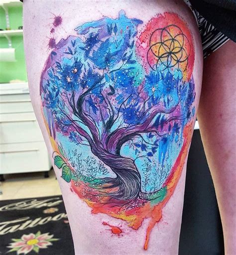 Colorful Tree of Life Tattoo On Womans Thigh | Best tattoo design ideas