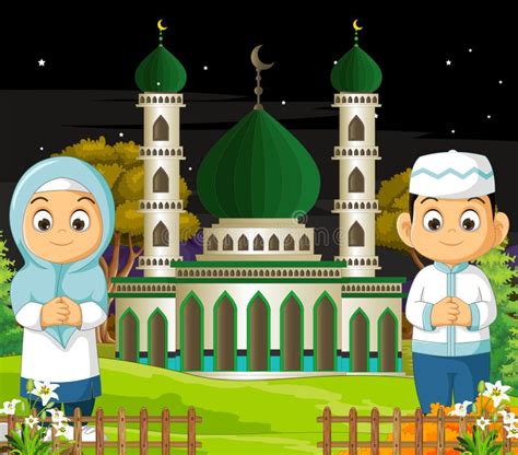 Mosque With Two Kids In Night Cartoon Stock Vector Illustration Of
