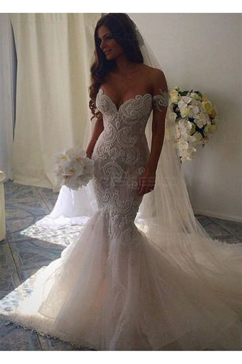 A regular single or double strand necklace can frame out your entire bridal look with simplicity. Mermaid Off-the-Shoulder Lace Wedding Dresses Bridal Gowns ...