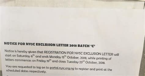 Notice To All Students Nysc Exclusion Letter Batch C Noun Information