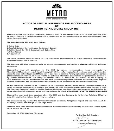 Metro Retail Stores Group, Inc. to hold special stockholders' meeting