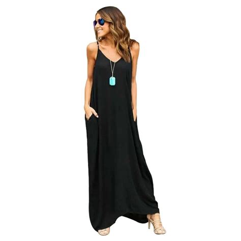 New Women Casual Basic Summer Dress Black Solid Long Dresses Sleeveless Spaghetti Strap Beach