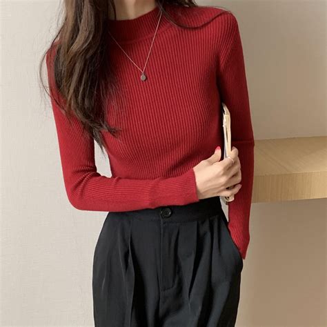 Women Long Sleeve Knit Turtle Neck Autumn Winter Slim Fit Knitted Top Korean Casual Style Basic