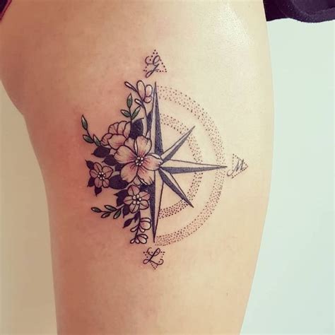 Floral Compass Tattoo Meanind Thigh Tattoo White Background Pink Flowers Compass Tattoo