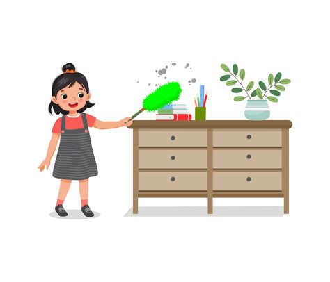 Cute Little Girl Cleaning The Cupboard Furniture With A Feather Duster