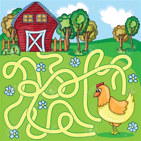 Funny Maze Game Cartoon Chicken Farm Style Vector Illustration