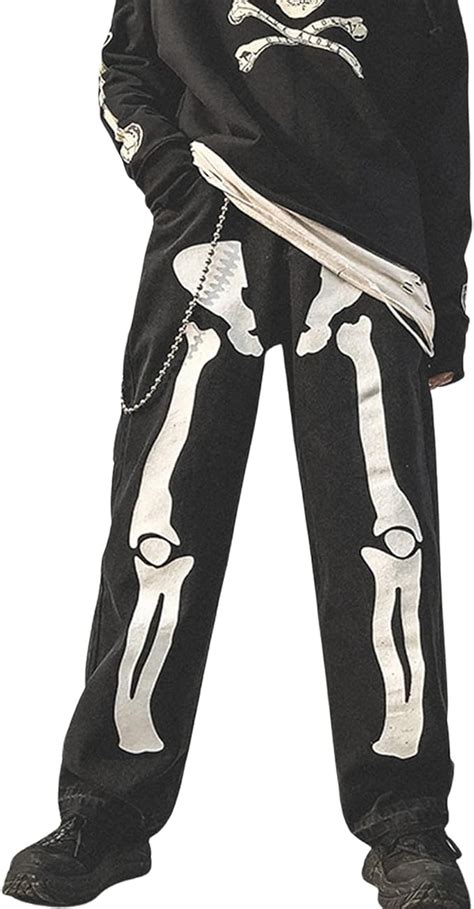 Teens Y2K Grunge Baggy Denim Pants Skeleton Skull Print Wide Leg Hip