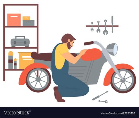 Man Repairing Motorbike Motorcycle Fixing Vector Image