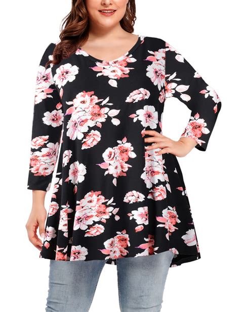 V Neck Loose Fit Flowy Long Sleeve Tunics Tops Plus Size For Women L