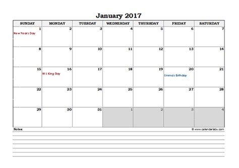 2017 Excel Monthly Calendar With Notes Free Printable Templates