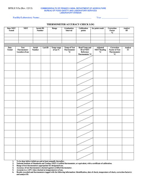 Facilitylaboratory Name Thermometer Accuracy Check Log Form Fill Out
