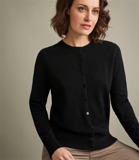 Black Womens Luxurious Pure Cashmere Crew Neck Cardigan Woolovers Us