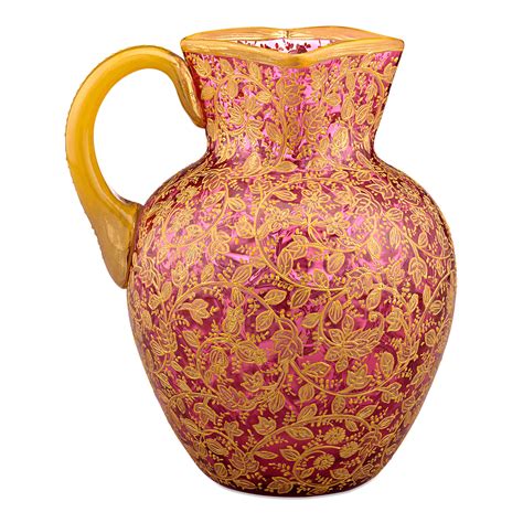 Antique Moser Cranberry Glass Pitcher Bohemian Art Glass With Gold Overlay Decoration Circa