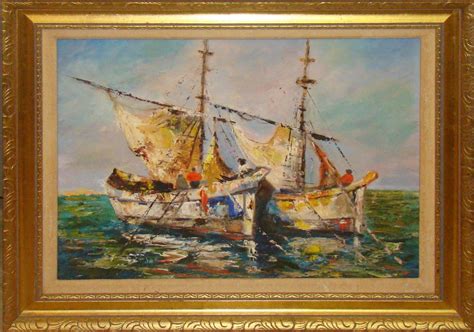 Mid Century Impressionistic Fishing Boats Oil Painting Modernism