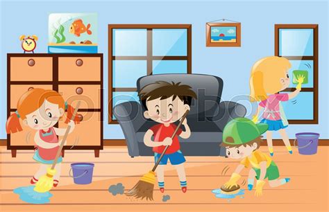 Kids Doing Chores At Home Illustration Stock Vector Colourbox