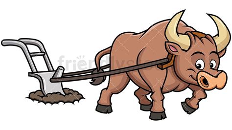 Happy Ox Plowing Field Cartoon Vector Clipart
