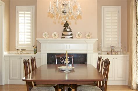 Looking to dress your dining room windows with blinds? Plantation shutters with traditional 2 1/2" louvers ...