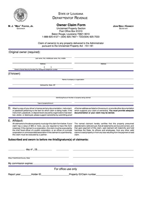 Fillable Owner Claim Form Louisiana Department Of
