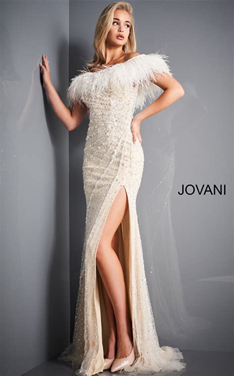 Jovani 4770 Off White Nude Feather Neckline Evening Dress