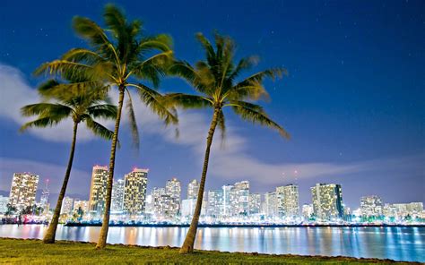 Hawaii Honolulu Beach Park Buildings Night Lights Wallpaper