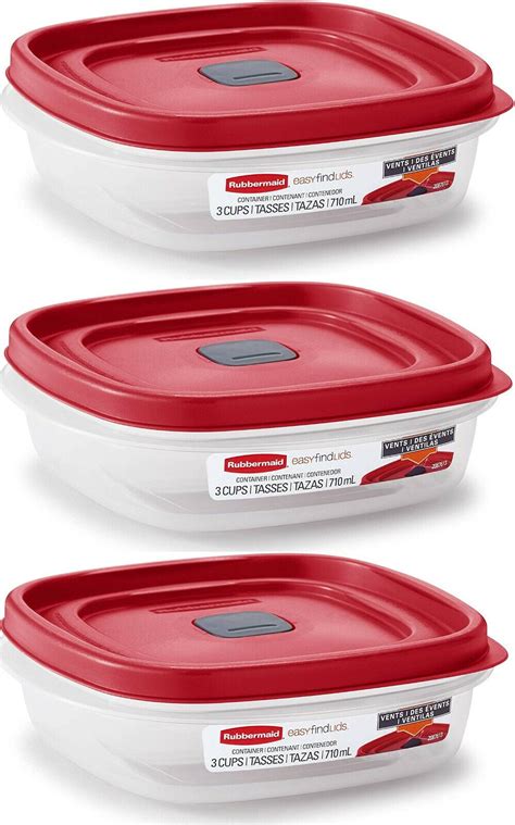 Rubbermaid Easy Find Lids 3 Cup Food Storage Containers With Red Vented