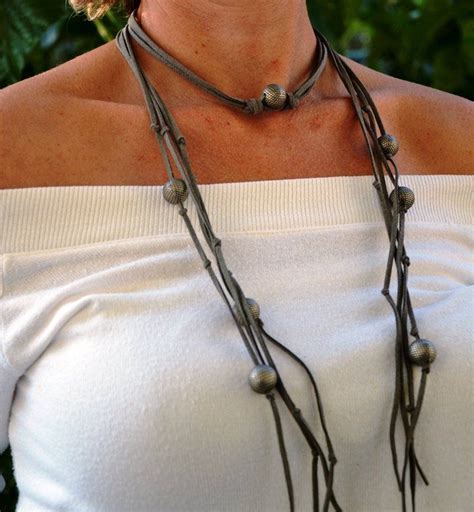 Leather Wrap Necklace Statement Necklace Grey Rustic Etsy Wrap