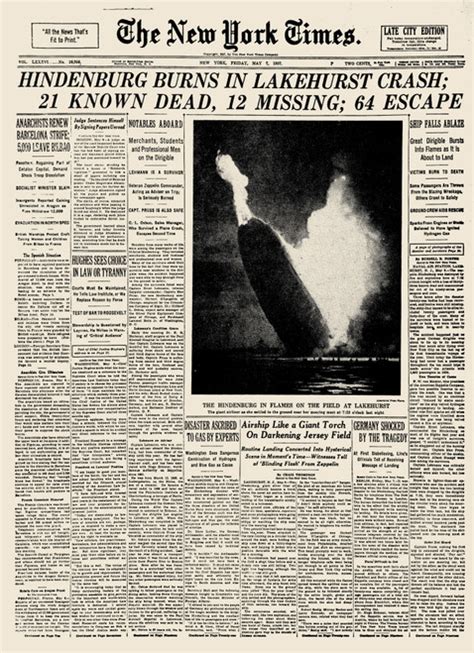 Hindenburg Exploding 1937 Nfront Page Of The New York Times 7 May