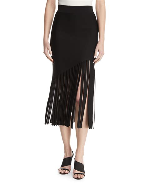 Cushnie High Waist Fitted Crepe Midi Skirt With Fringed Hem Neiman Marcus