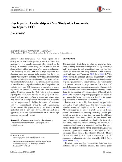 Pdf Psychopathic Leadership A Case Study Of A Corporate