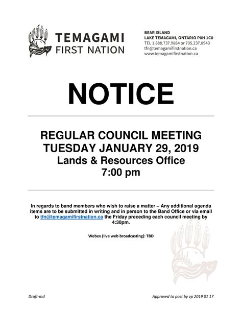 Notice Regular Council Meeting January 29 2019