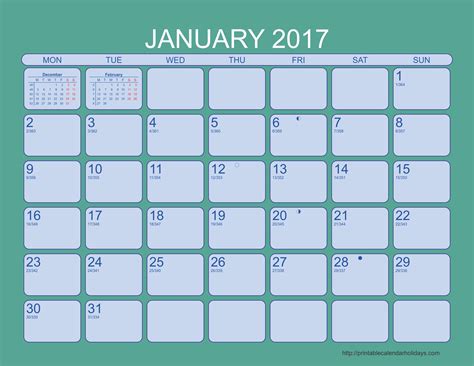 January 2017 Calendar 6 Templates Landscape Printable Calendar