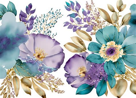 Premium Ai Image Watercolor Teal Purple Flowers