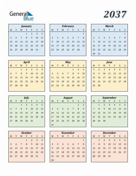 2037 Yearly Calendar Templates With Monday Start