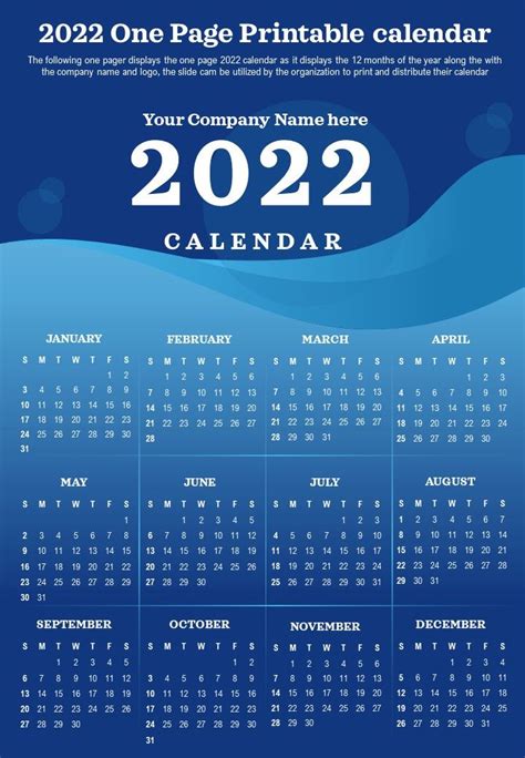 2022 One Page Printable Calendar Presentation Report Infographic Ppt