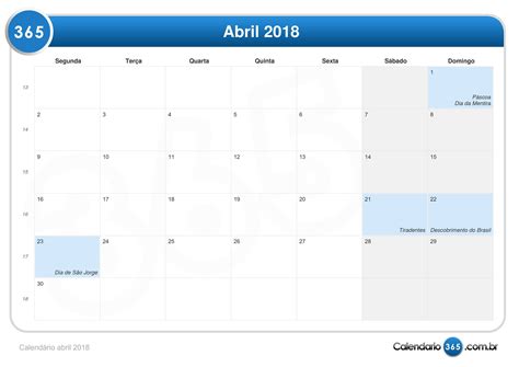 Calendário Abril 2018