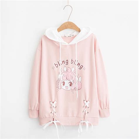 Bling Bling Print Cute Pink Hoodies Female Japan Style Hooded Long