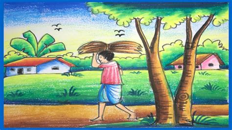 Village Scenery With Human Figure How To Draw A Village Easy Youtube