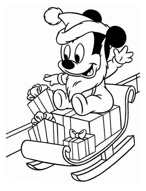 Baby Mickey Playing With Santa Clauss Sleigh On Christmas Coloring Page