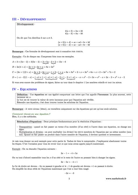 Calcul Littéral Cours Pdf à Imprimer Maths 4ème