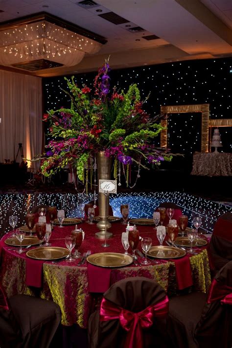 Indian Fusion Wedding Reception Decor Red Purple Gold Sparkle Indian