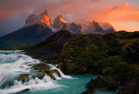 Waterfall And Sunset Patagonia In The Andes Mountains Hd