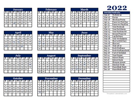 2022 Jewish Festivals Calendar Template Free Printable Templates
