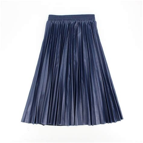 New Navy Blue Faux Leather Pleated Midi Length Women Skirt Skirts