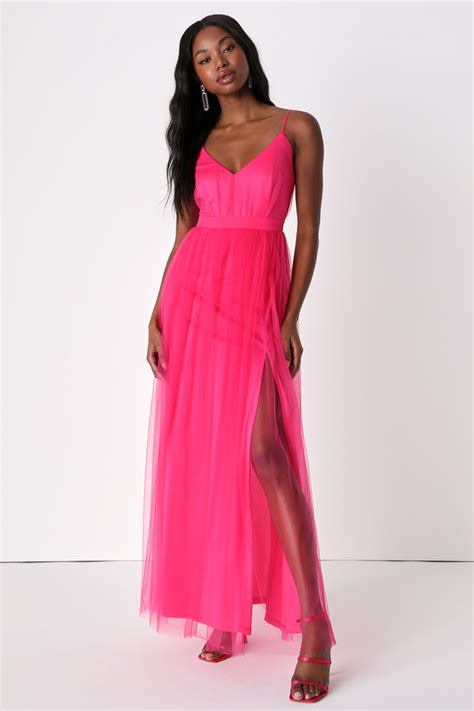 Hot Pink Tulle Dress Tulle Maxi Dress Pink Tulle Gown Lulus