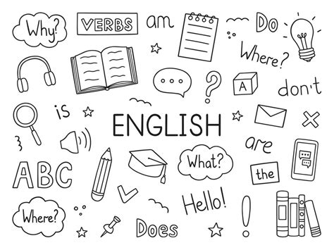 Learning English Doodle Set Language School In Sketch Style Online Language Education Course