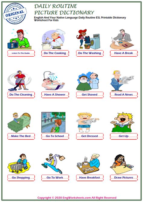 Daily Routine Esl Printable Picture Dictionary Worksheet For Kids