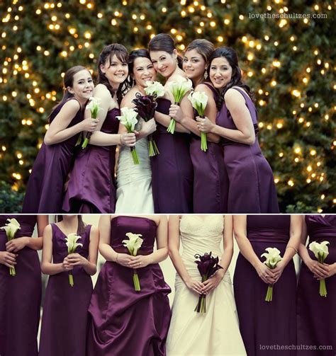 Eggplant Purple Bridesmaids Dresses At Winter Wedding